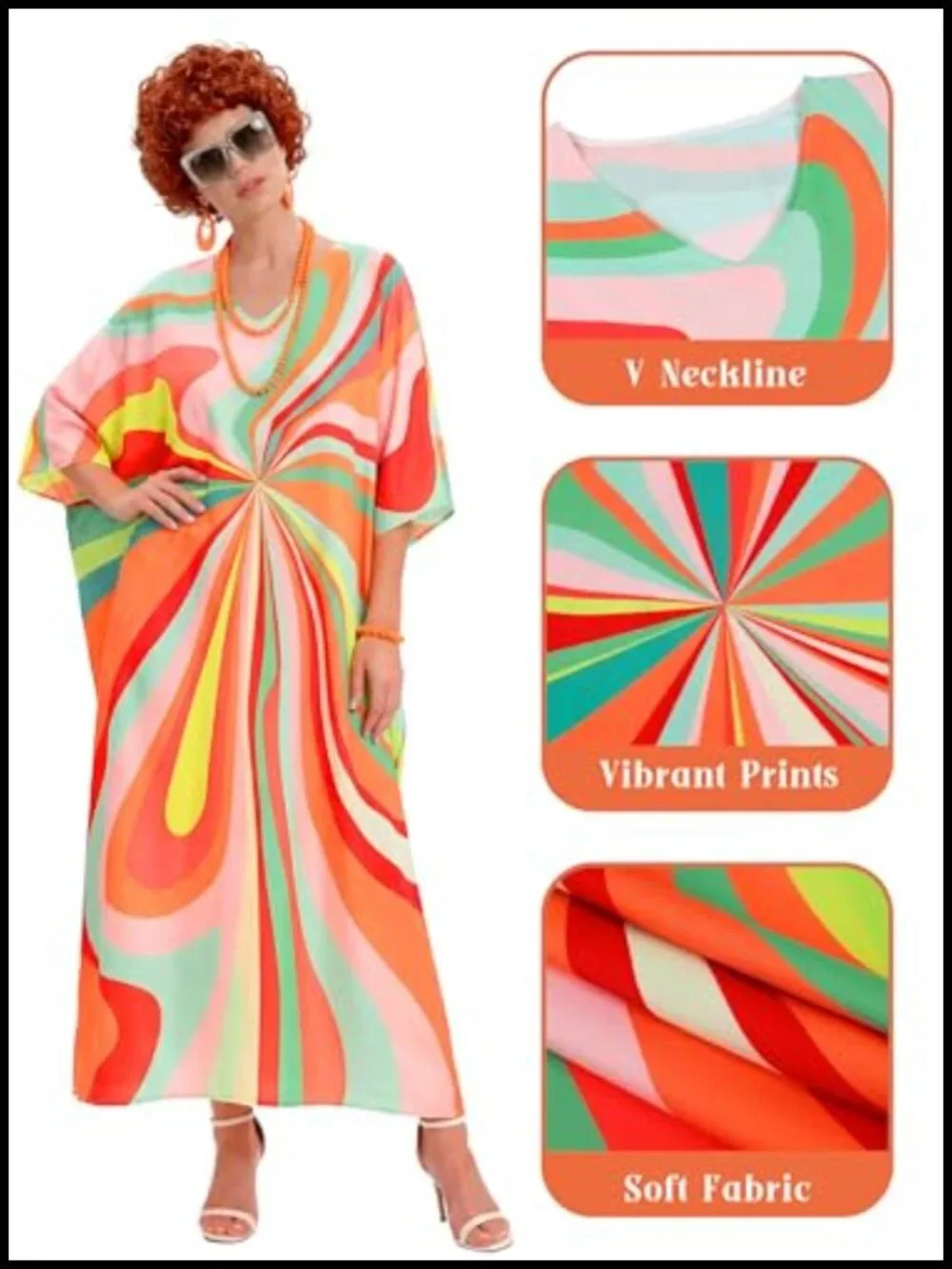 Women's 6 Piece Halloween Costume Set with Orange Wig, Print Caftan Dress,